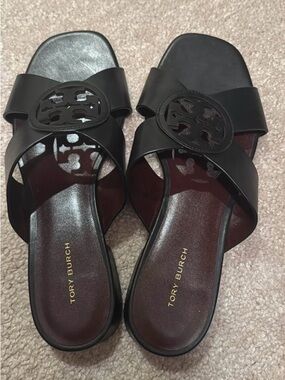 Tory Burch Black Leather Logo Slide Mules